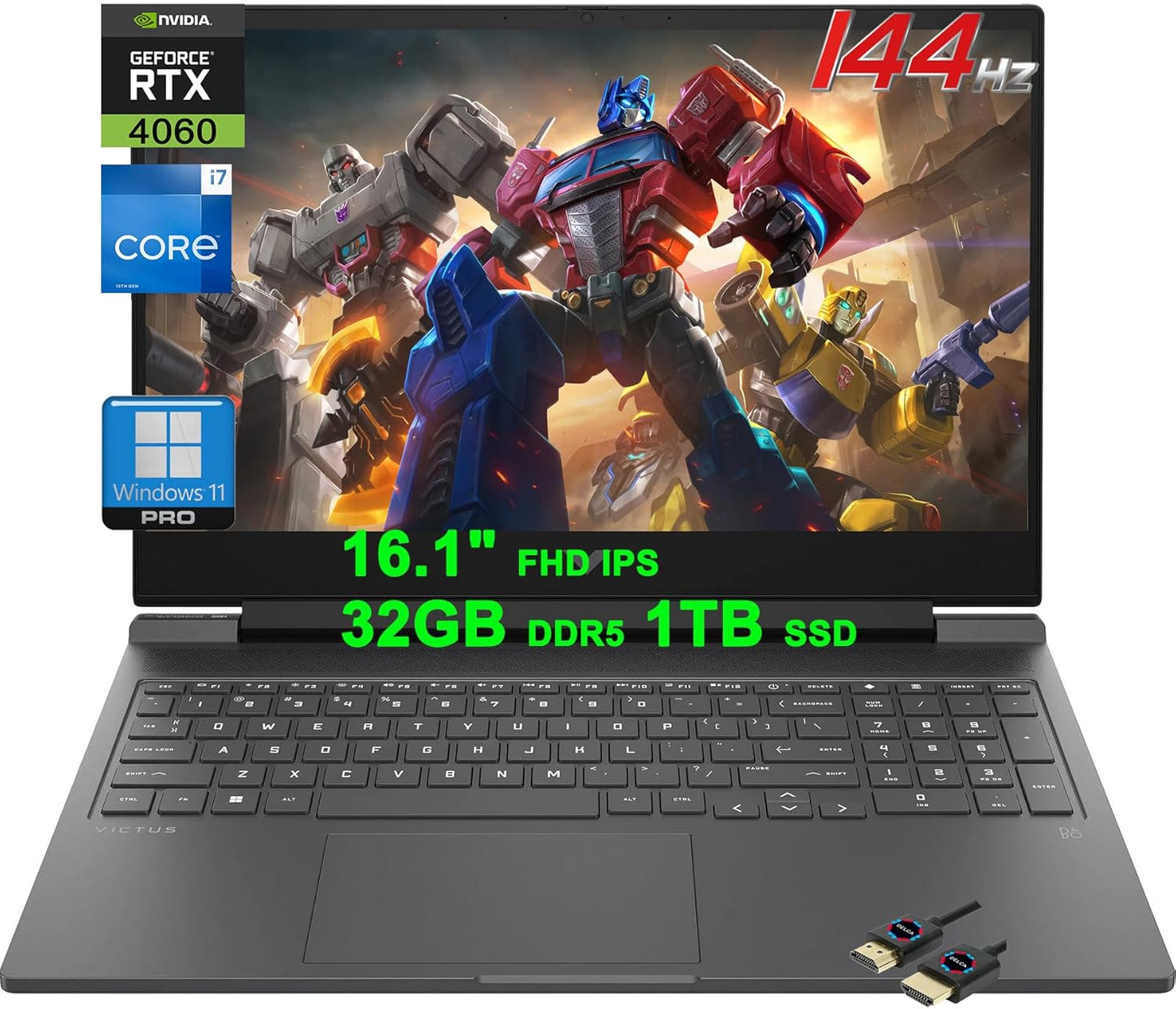 HP Victus Gaming Laptop | 16.1" FHD IPS 144Hz | Intel 16-Core i7-13700HX >i9-12900HX | 32GB DDR5 1TB SSD | GeForce RTX 4060 8GB | Backlit USB-C Fast Charge Win11Pro Black + HDMI Cable (Renewed)