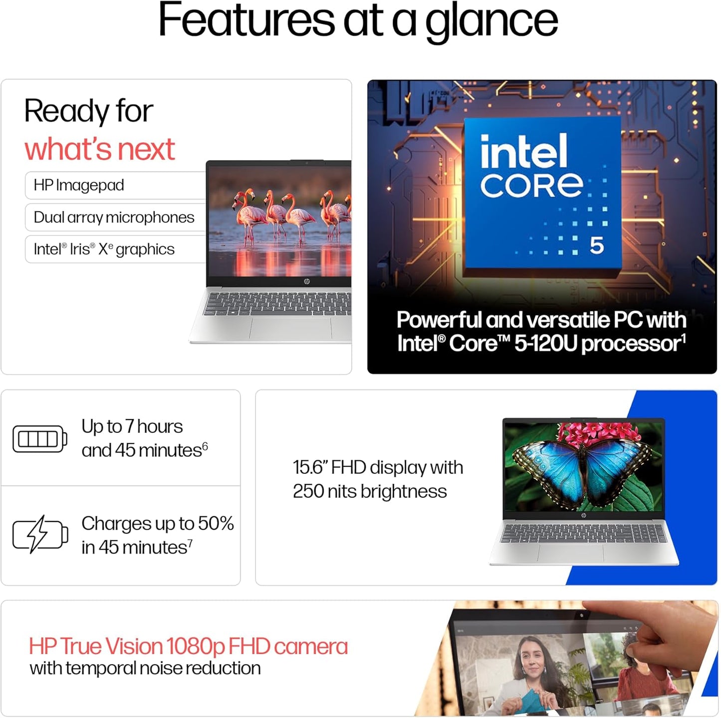 HP 15, Intel Core 5-120U laptop (16GB DDR4, 512GB SSD) FHD, Anti-Glare, Micro-Edge, 15.6''/39.6cm, Win11, Silver,1.59kg, FHD Camera w/privacy shutter (Open Box)
